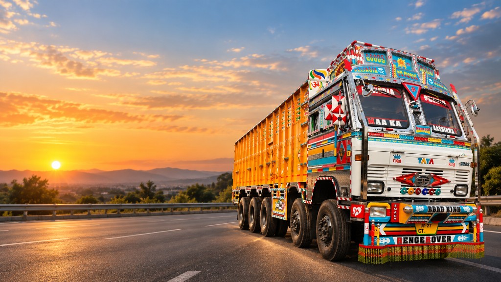 Closed truck body, front view on the highway